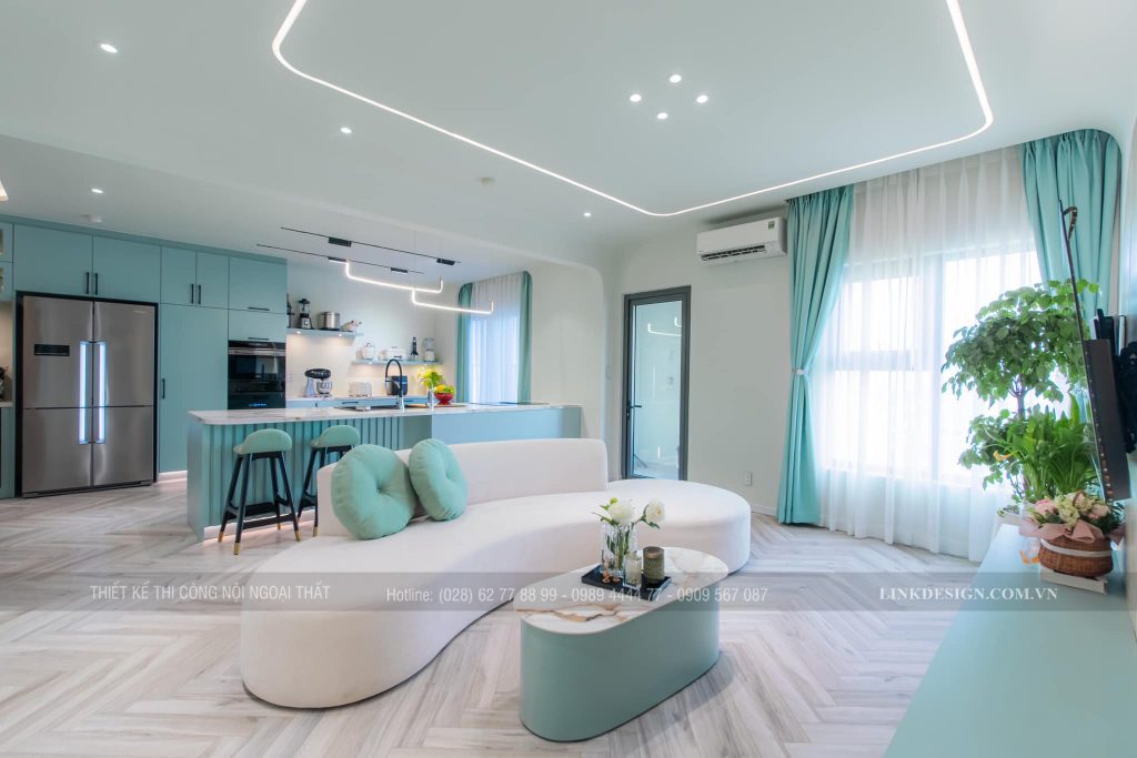 Sử dụng màu xanh ở phòng khách tạo cảm giác mát mẻ